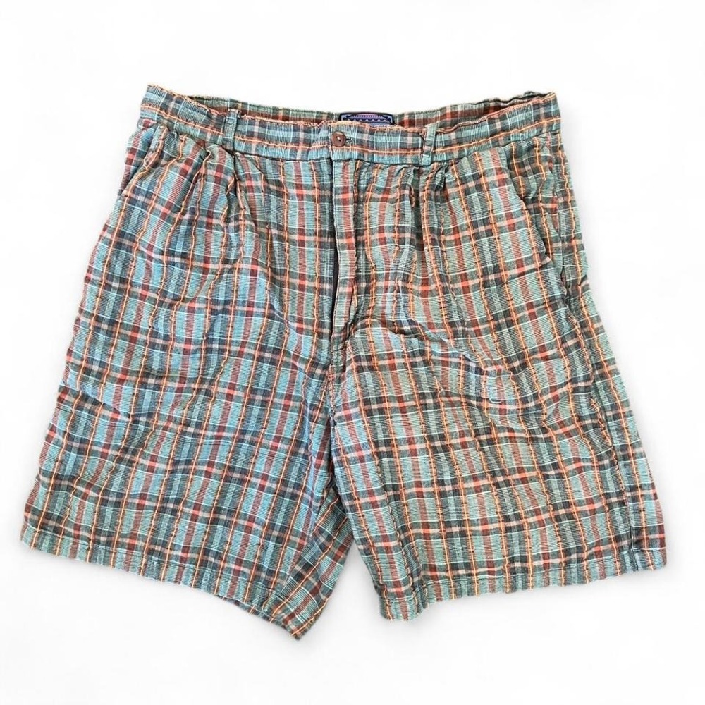 Vintage 1970s Shah Safari Multicolor pleated plaid shorts relaxed fit size 33 7"